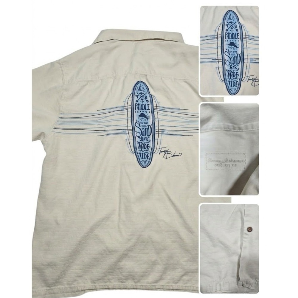 ommy Bahama Silk Shirt Mens L Cream Embroidered Paddle Board Camp Button Front